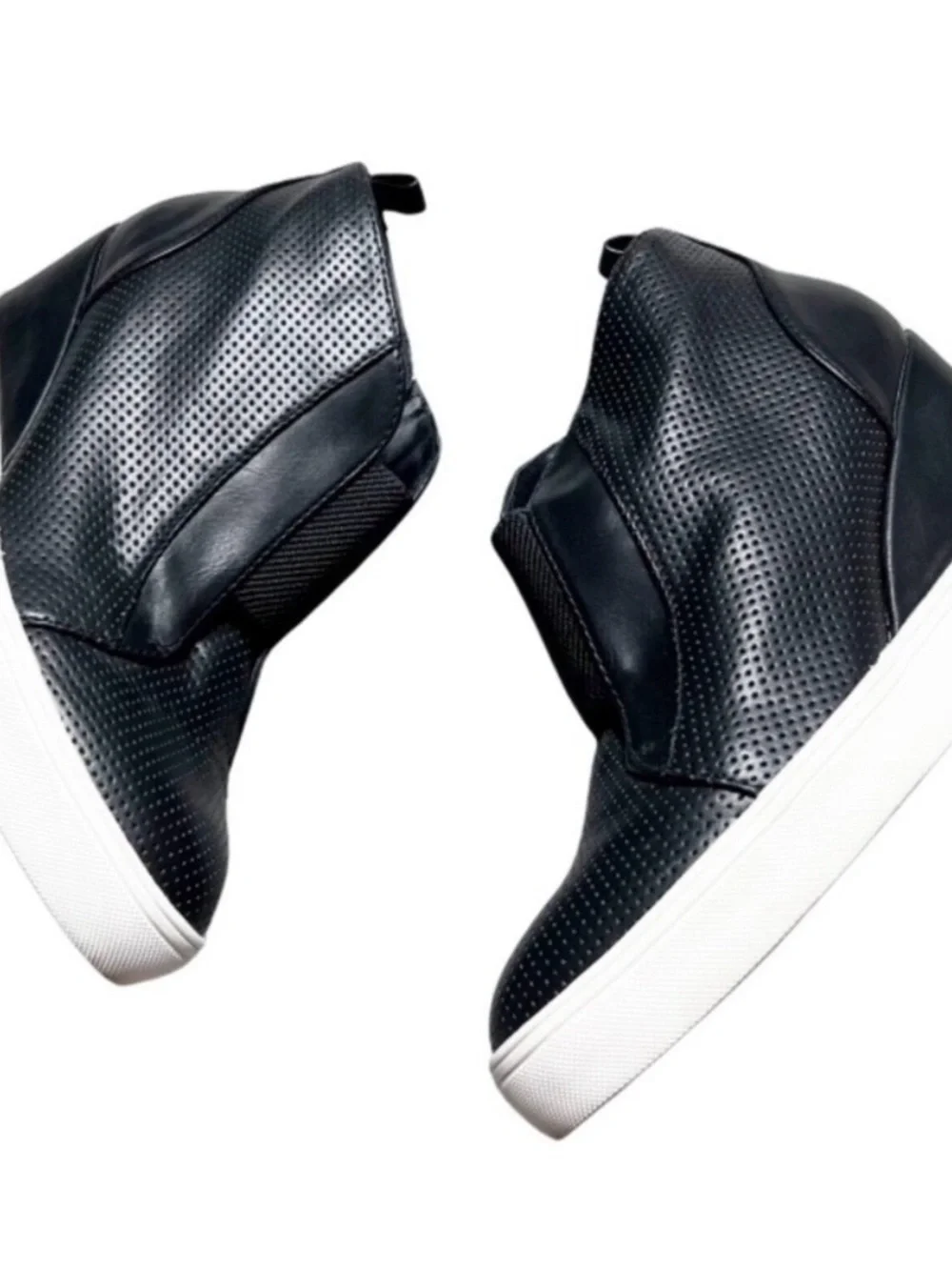 MIA Women's Black Perforated Wedge Sneaker High Top Side Zip White Sole 7.5